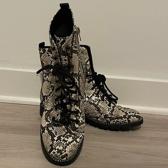 Express snakeskin combat booties. Rhinestone embellishing around sole. - Picture 2 of 10